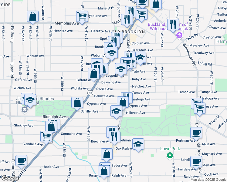 map of restaurants, bars, coffee shops, grocery stores, and more near 3709 Cecilia Avenue in Cleveland