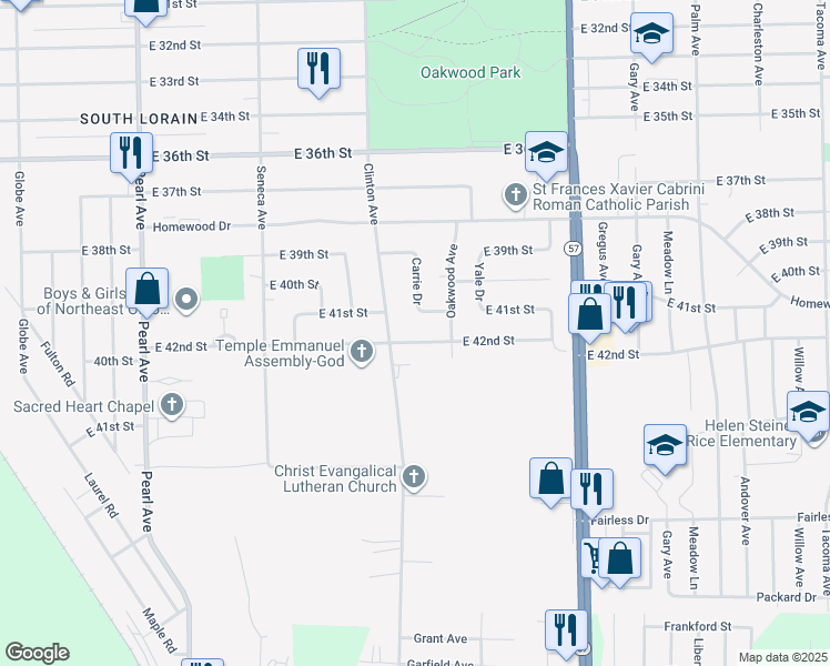 map of restaurants, bars, coffee shops, grocery stores, and more near 2029 East 42nd Street in Lorain