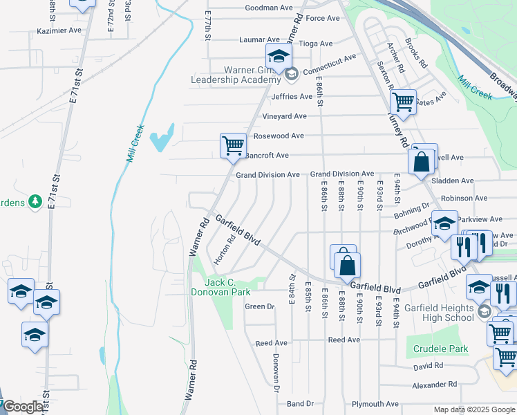 map of restaurants, bars, coffee shops, grocery stores, and more near 4650 Burleigh Road in Garfield Heights