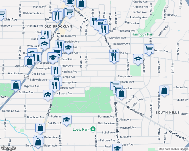 map of restaurants, bars, coffee shops, grocery stores, and more near 2511 Natchez Avenue in Cleveland