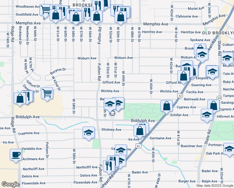 map of restaurants, bars, coffee shops, grocery stores, and more near 5102 Wichita Avenue in Cleveland