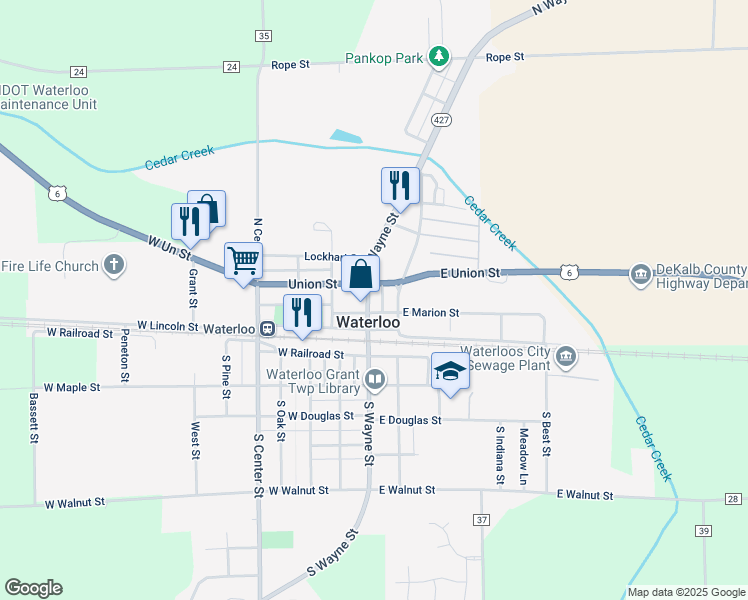 map of restaurants, bars, coffee shops, grocery stores, and more near 105 East Union Street in Waterloo
