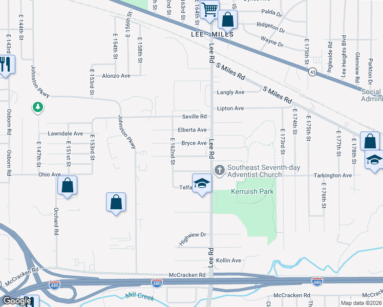 map of restaurants, bars, coffee shops, grocery stores, and more near 16224 Bryce Avenue in Cleveland