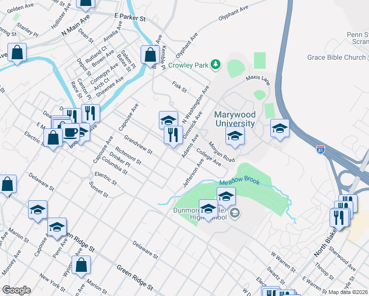 map of restaurants, bars, coffee shops, grocery stores, and more near 2205 Adams Avenue in Scranton