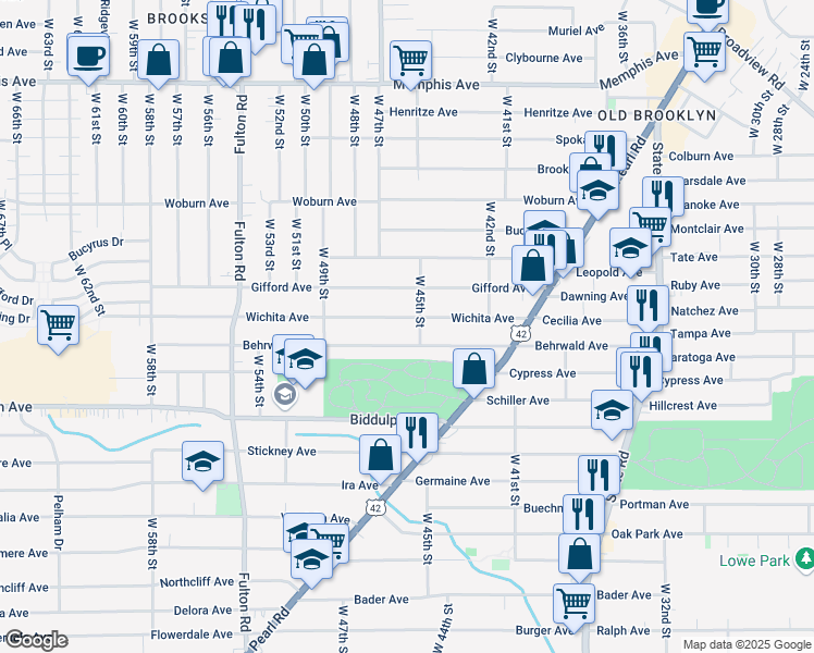 map of restaurants, bars, coffee shops, grocery stores, and more near 4511 Wichita Avenue in Cleveland