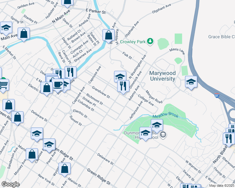 map of restaurants, bars, coffee shops, grocery stores, and more near 1124 Woodlawn Street in Scranton