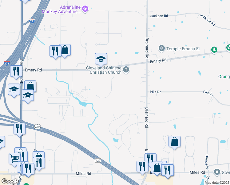 map of restaurants, bars, coffee shops, grocery stores, and more near 27400 Emery Road in Cleveland