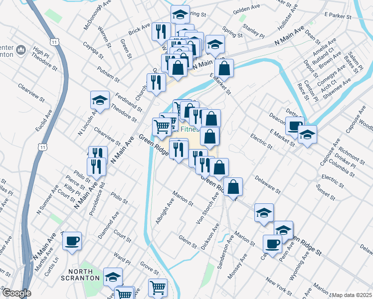 map of restaurants, bars, coffee shops, grocery stores, and more near 1698 Gardner Avenue in Scranton