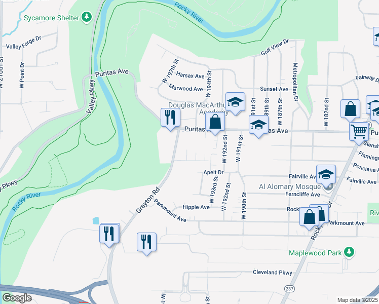map of restaurants, bars, coffee shops, grocery stores, and more near 4523 Puritas Park Drive in Cleveland