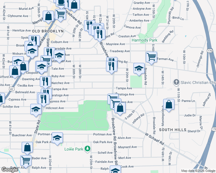 map of restaurants, bars, coffee shops, grocery stores, and more near 4518 Broadview Road in Cleveland