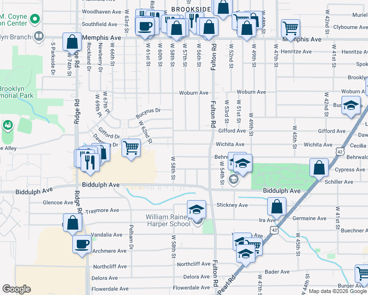 map of restaurants, bars, coffee shops, grocery stores, and more near 5701 Wichita Avenue in Cleveland