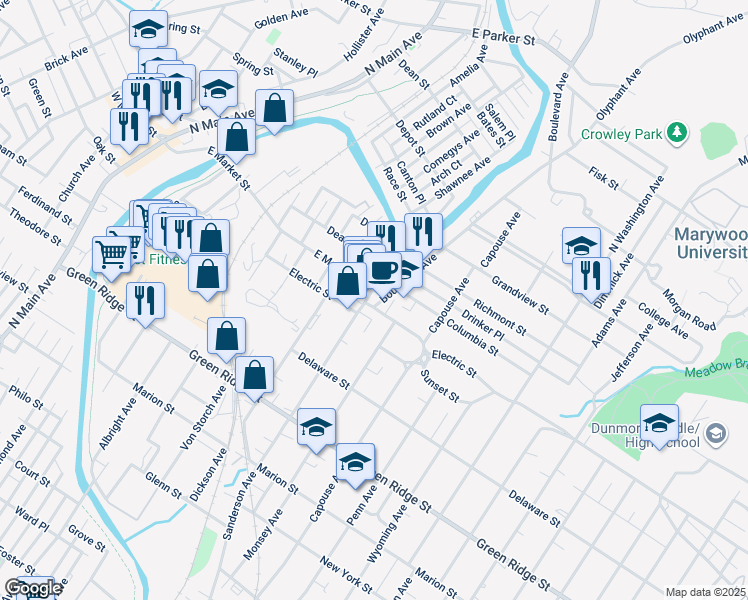 map of restaurants, bars, coffee shops, grocery stores, and more near 1901 Sanderson Avenue in Scranton