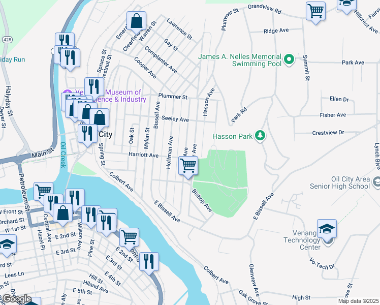 map of restaurants, bars, coffee shops, grocery stores, and more near 214 Hone Ave in Oil City