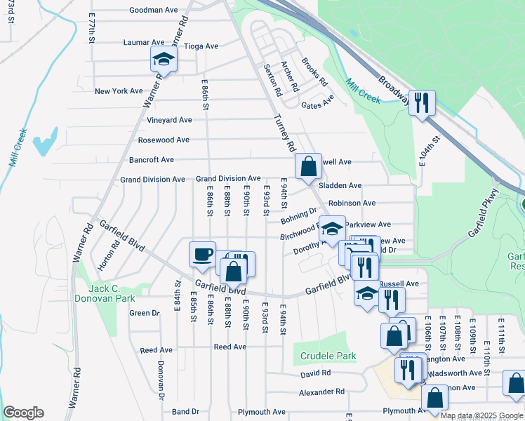 map of restaurants, bars, coffee shops, grocery stores, and more near 4649 East 93rd Street in Garfield Heights