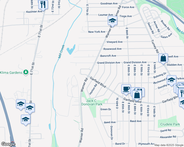 map of restaurants, bars, coffee shops, grocery stores, and more near 4654 Warner Road in Garfield Heights