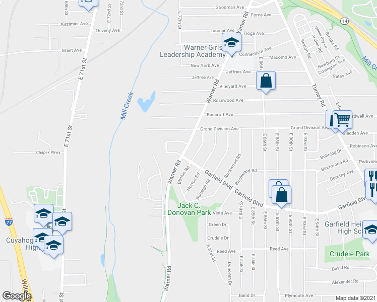 map of restaurants, bars, coffee shops, grocery stores, and more near 4654 Warner Road in Garfield Heights