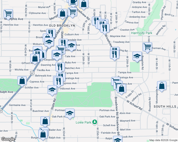 map of restaurants, bars, coffee shops, grocery stores, and more near 2713 Natchez Avenue in Cleveland