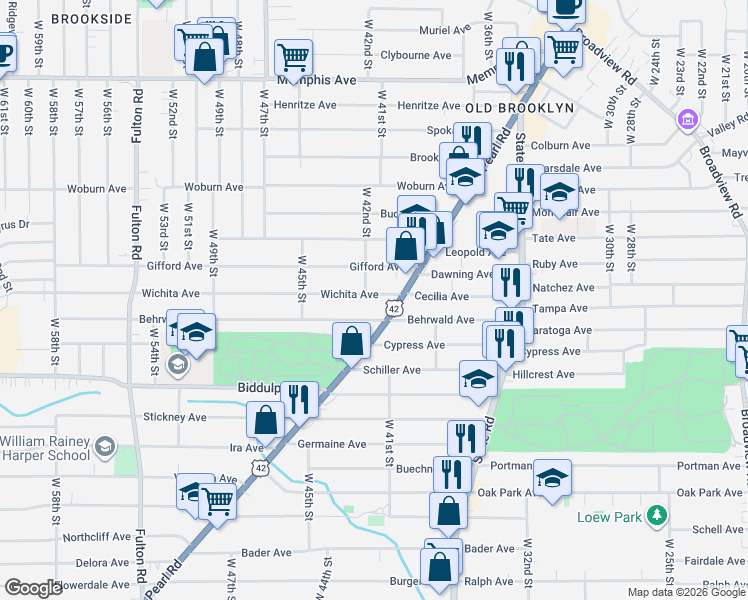 map of restaurants, bars, coffee shops, grocery stores, and more near 4012 Wichita Avenue in Cleveland