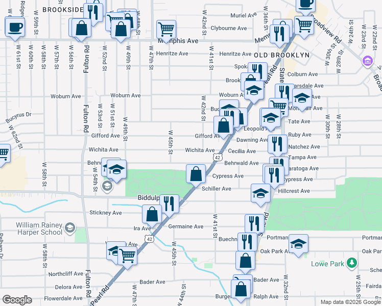 map of restaurants, bars, coffee shops, grocery stores, and more near 4207 Wichita Avenue in Cleveland