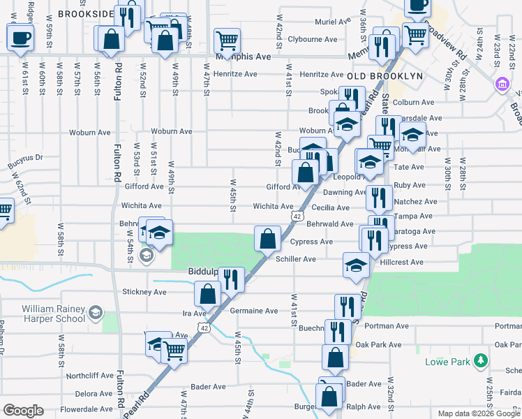 map of restaurants, bars, coffee shops, grocery stores, and more near 4207 Wichita Avenue in Cleveland