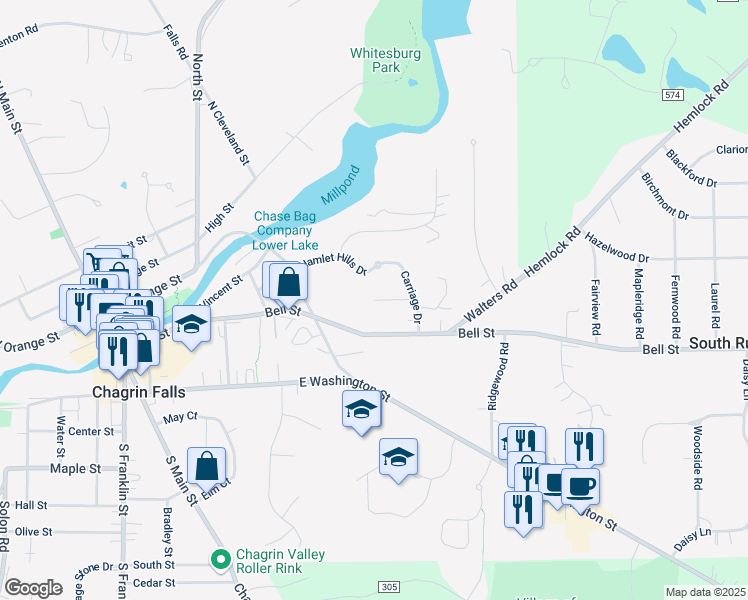map of restaurants, bars, coffee shops, grocery stores, and more near 101 West Carriage Drive in Chagrin Falls