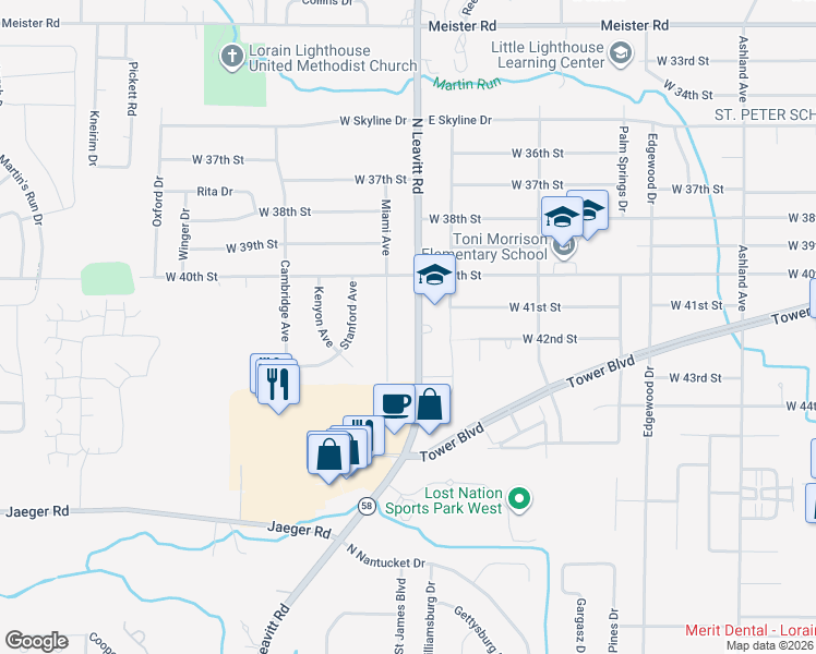 map of restaurants, bars, coffee shops, grocery stores, and more near 4112 North Leavitt Road in Lorain