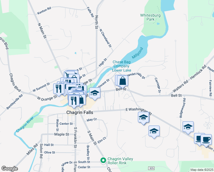 map of restaurants, bars, coffee shops, grocery stores, and more near 136 Vincent Street in Chagrin Falls