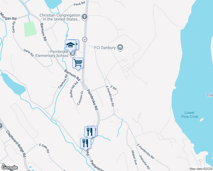 map of restaurants, bars, coffee shops, grocery stores, and more near 23 Pembroke Terrace in Danbury