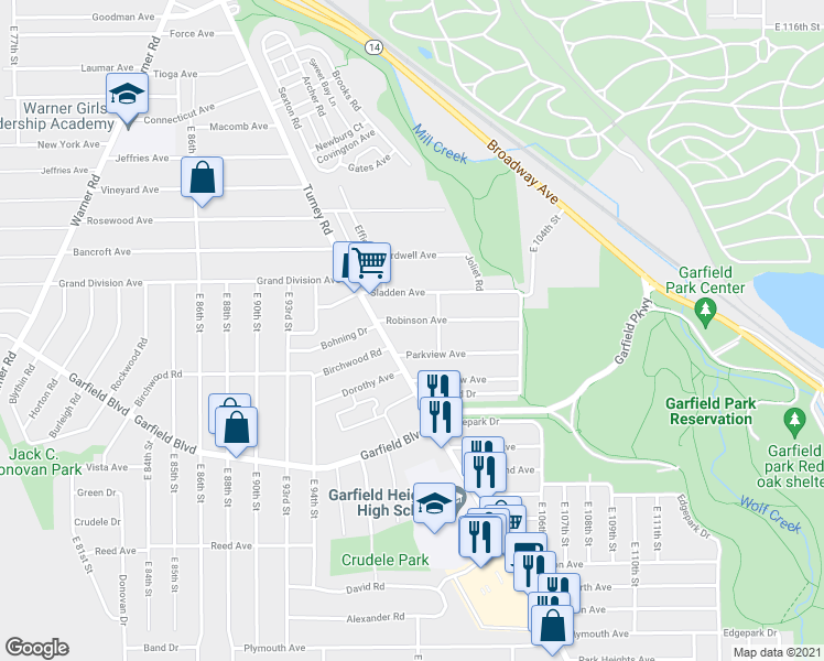 map of restaurants, bars, coffee shops, grocery stores, and more near 9722 Robinson Ave in Garfield Heights