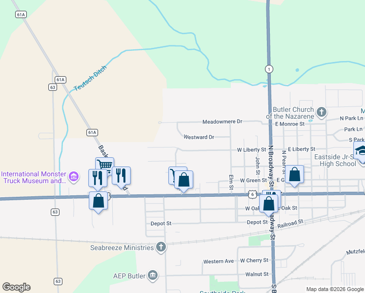 map of restaurants, bars, coffee shops, grocery stores, and more near 529 West Liberty Street in Butler