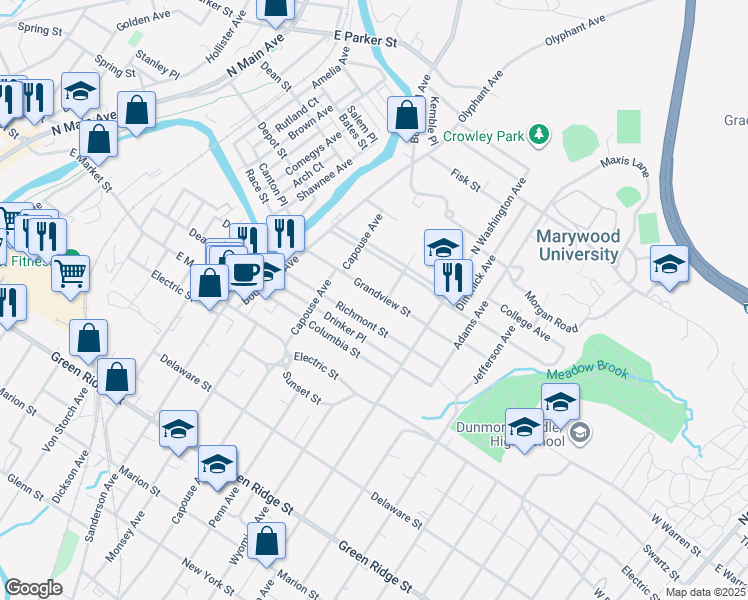 map of restaurants, bars, coffee shops, grocery stores, and more near 1012 Grandview Street in Scranton