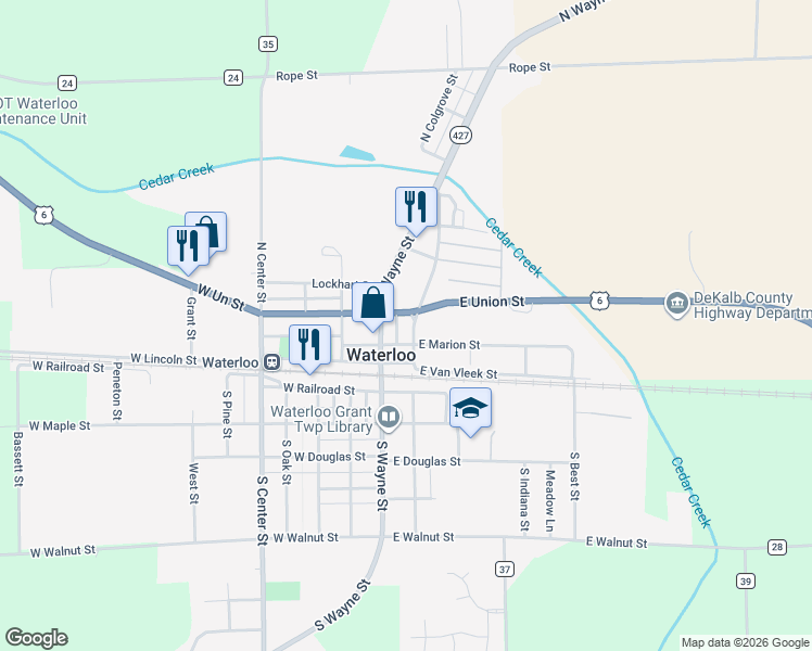 map of restaurants, bars, coffee shops, grocery stores, and more near 380 North Washington Street in Waterloo