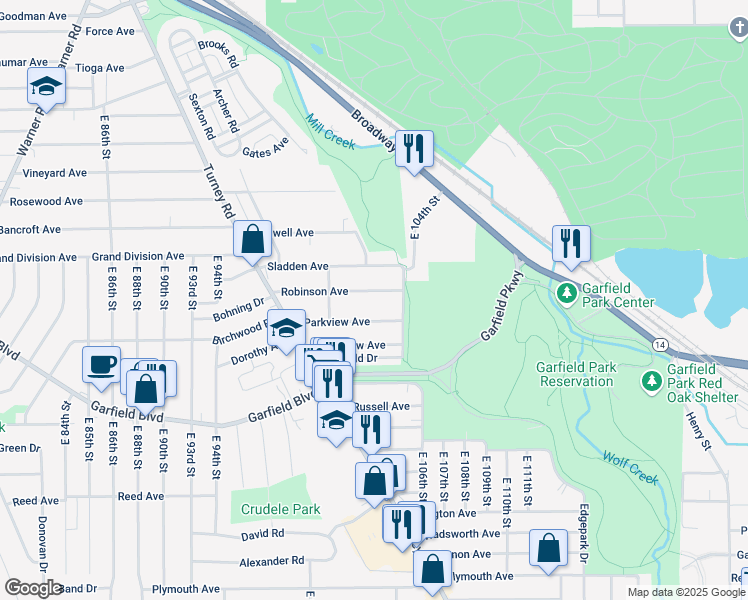 map of restaurants, bars, coffee shops, grocery stores, and more near 10200 Robinson Avenue in Garfield Heights