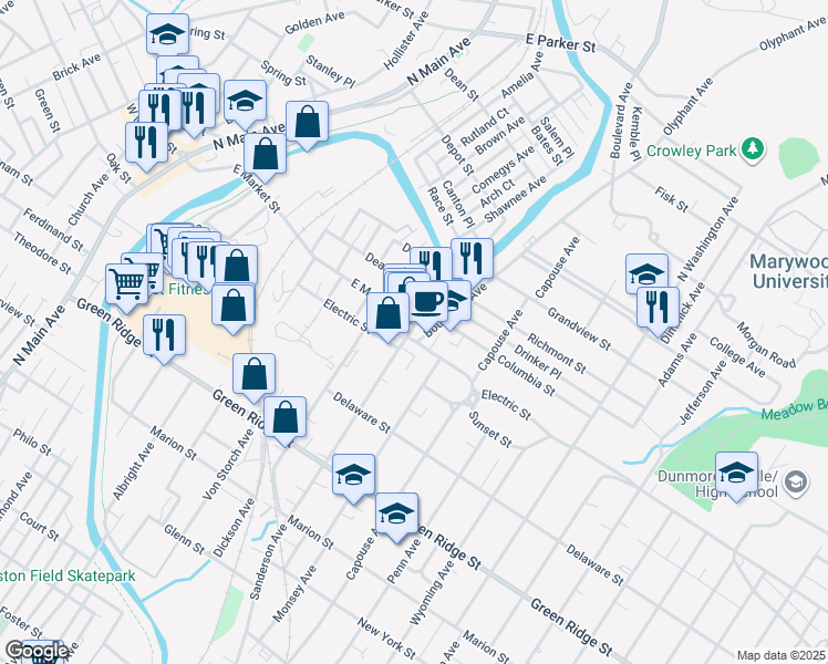 map of restaurants, bars, coffee shops, grocery stores, and more near 1901 Sanderson Avenue in Scranton