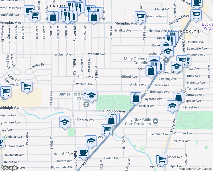 map of restaurants, bars, coffee shops, grocery stores, and more near 4709 Wichita Avenue in Cleveland