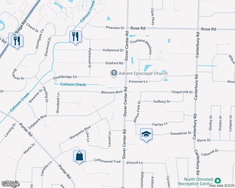 map of restaurants, bars, coffee shops, grocery stores, and more near 3853 Edgepark Drive in North Olmsted