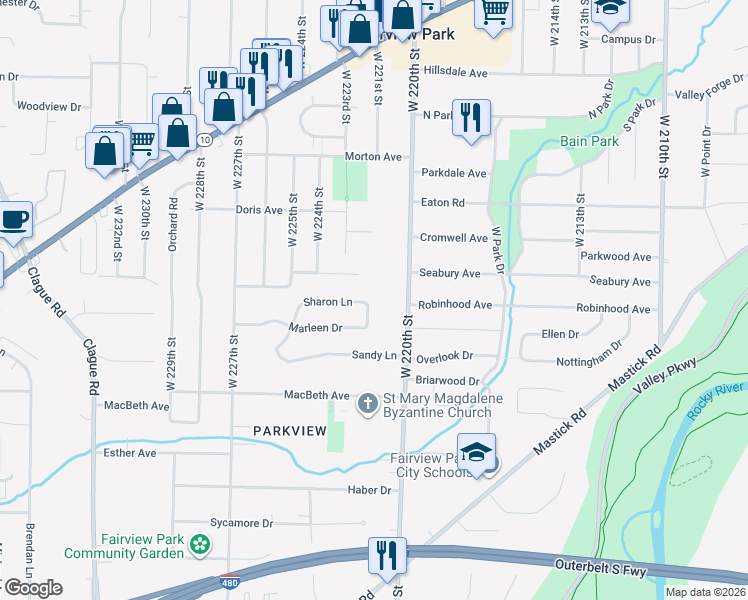 map of restaurants, bars, coffee shops, grocery stores, and more near 22140 Sharon Ln in Fairview Park