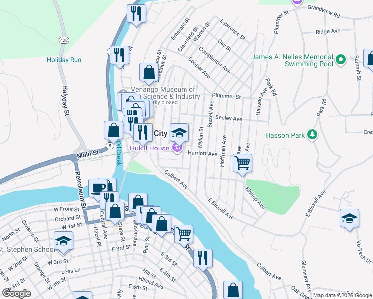 map of restaurants, bars, coffee shops, grocery stores, and more near 22 Harriott Avenue in Oil City