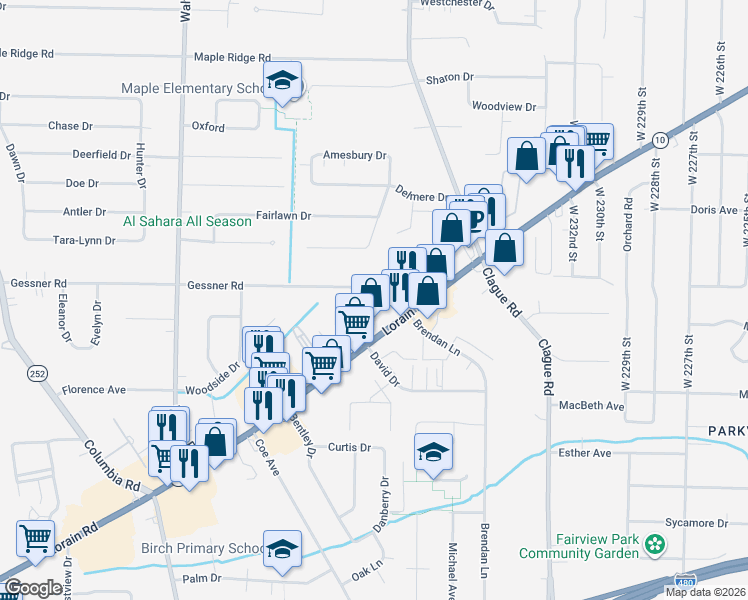 map of restaurants, bars, coffee shops, grocery stores, and more near 23753 Gessner Road in North Olmsted