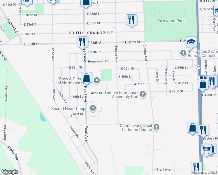 map of restaurants, bars, coffee shops, grocery stores, and more near 1885 East 42nd Street in Lorain