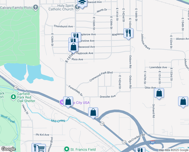 map of restaurants, bars, coffee shops, grocery stores, and more near 13531 Cranwood Park Boulevard in Garfield Heights