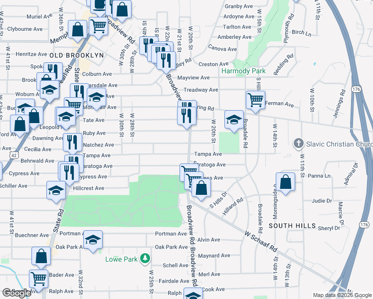map of restaurants, bars, coffee shops, grocery stores, and more near 4518 Broadview Road in Cleveland
