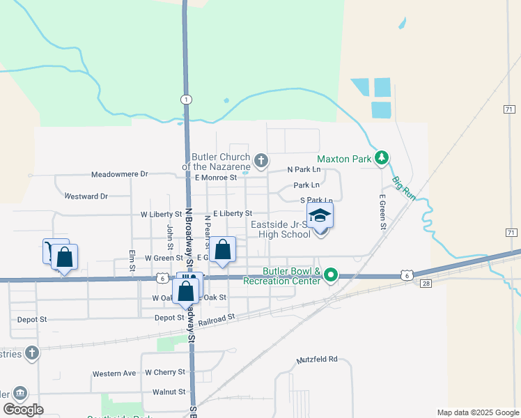 map of restaurants, bars, coffee shops, grocery stores, and more near 409 East Liberty Street in Butler