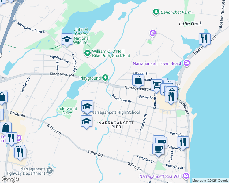 map of restaurants, bars, coffee shops, grocery stores, and more near 137A Kingstown Road in Narragansett