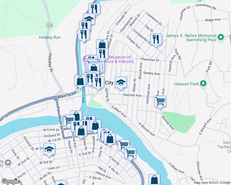 map of restaurants, bars, coffee shops, grocery stores, and more near 4 Harriott Avenue in Oil City