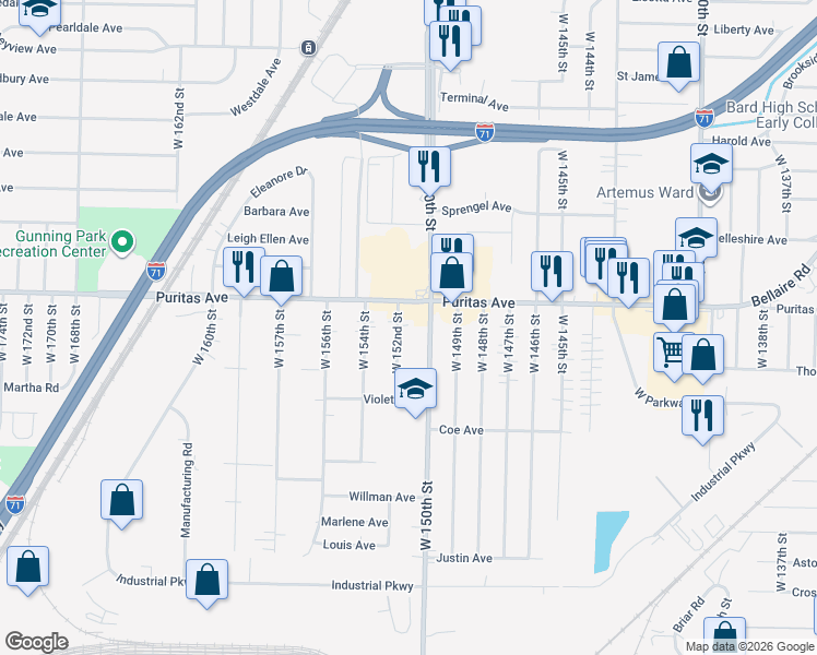 map of restaurants, bars, coffee shops, grocery stores, and more near 4469 West 152nd Street in Cleveland