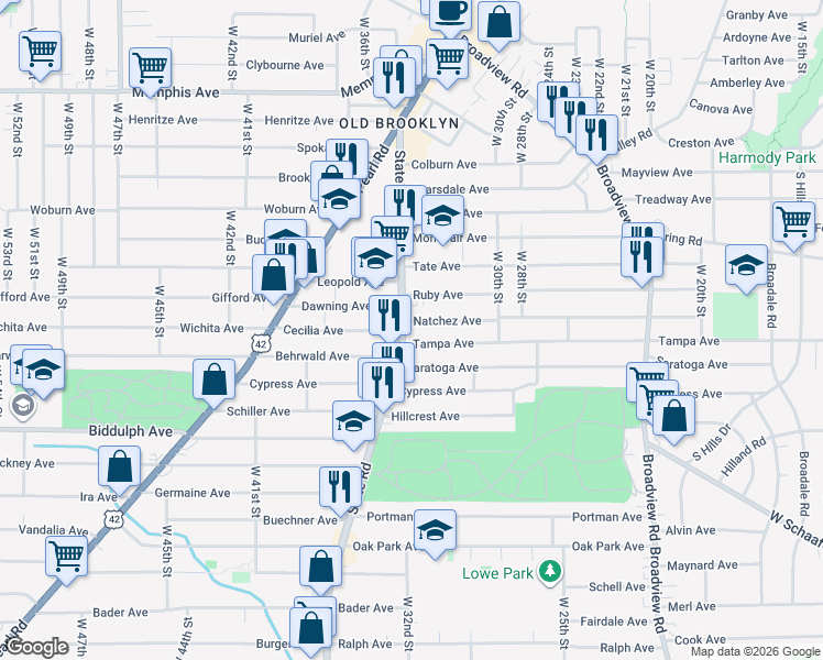 map of restaurants, bars, coffee shops, grocery stores, and more near 4459 West 35th Street in Cleveland