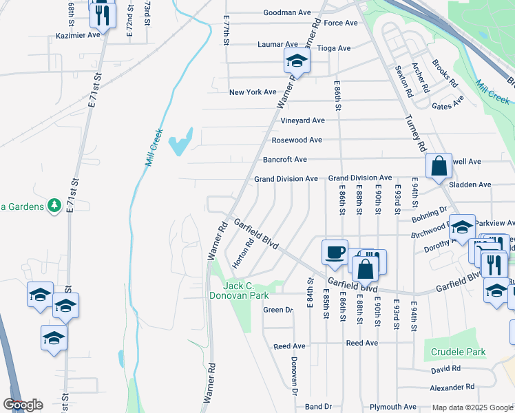 map of restaurants, bars, coffee shops, grocery stores, and more near 4649 Blythin Road in Garfield Heights