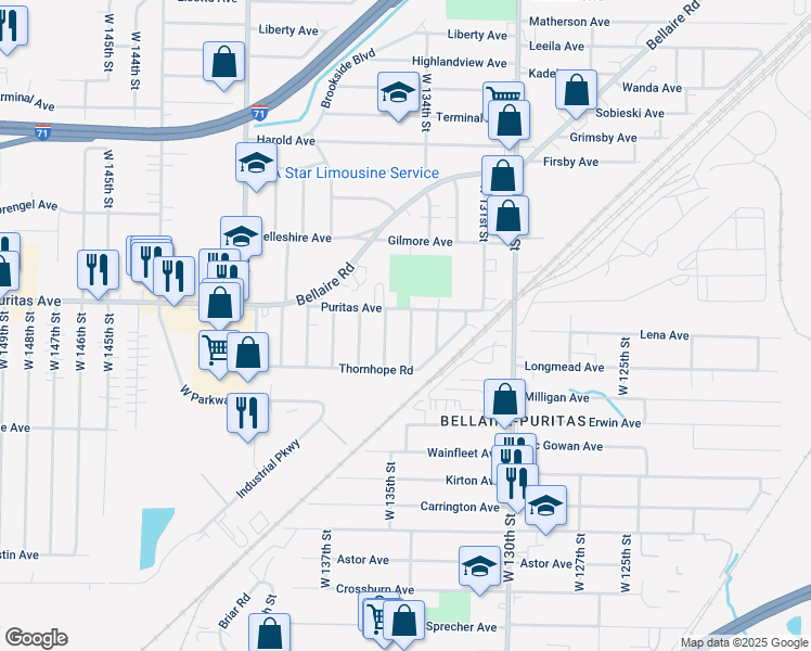 map of restaurants, bars, coffee shops, grocery stores, and more near 4460 West 134th Street in Cleveland