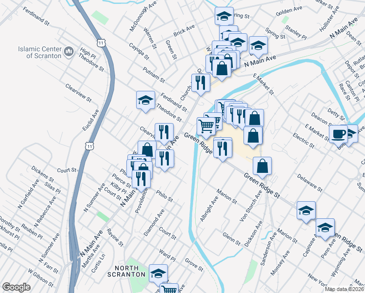 map of restaurants, bars, coffee shops, grocery stores, and more near 10 Green Ridge Street in Scranton